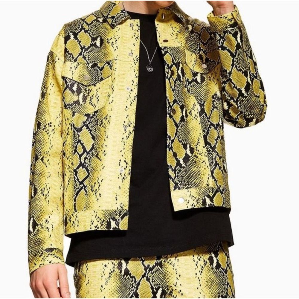 Jaded London Mens Yellow Snakeskin Faux Leather Trucker Jacket Size L Large